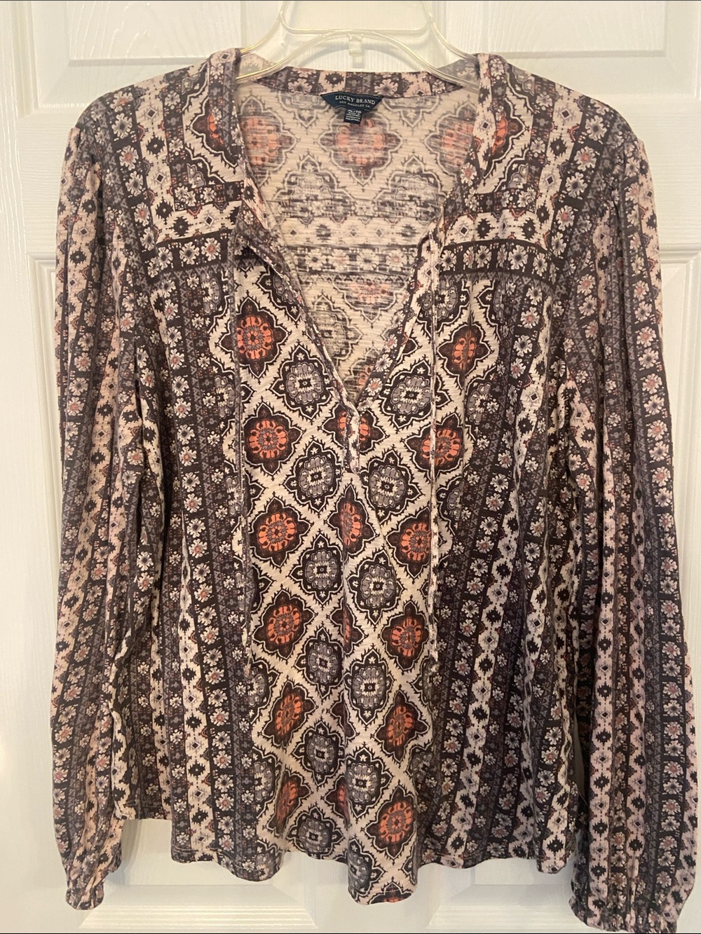 Lucky Brand Boho Printed V-Neck Tunic in Cream, Brown and Rust